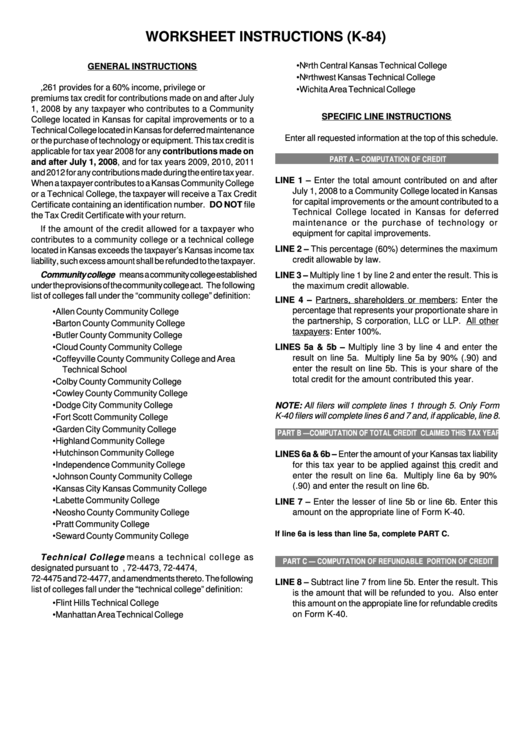 Worksheet Instructions For Form K-84 - Worksheet For Kansas Technical And Community College Deferred Maintenance Credit Printable pdf