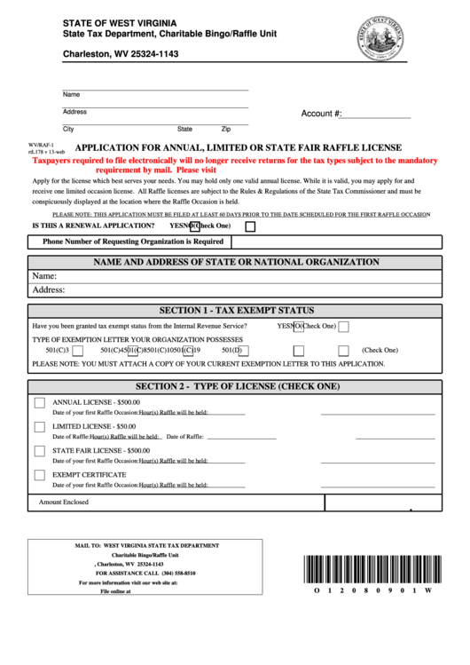 Form Wv/raf-1 - Application For Annual, Limited Or State Fair Raffle License Printable pdf