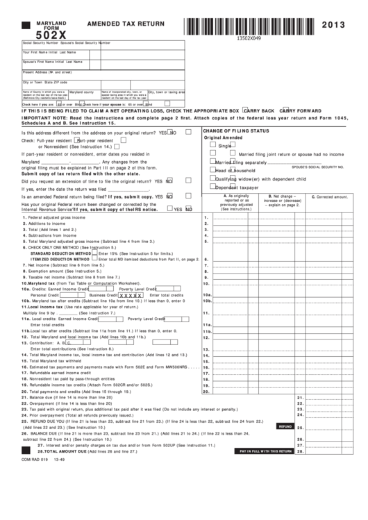 Fillable Maryland Form 502x - Amended Tax Return - 2013 Printable pdf