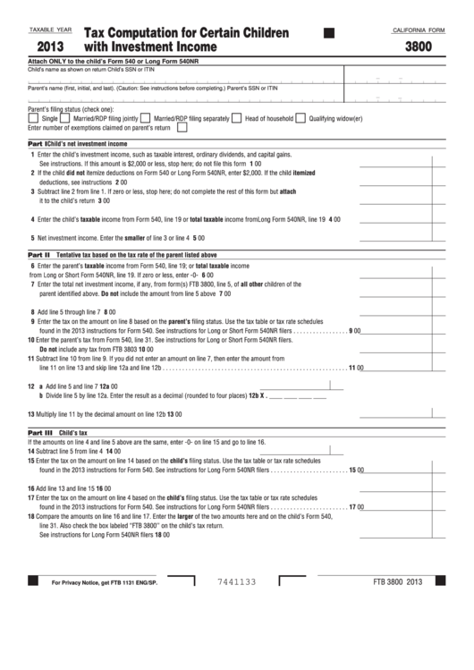 Fillable California Form 3800 - Tax Computation For Certain Children With Investment Income - 2013 Printable pdf