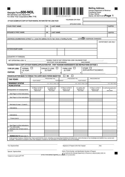 Fillable Form 500-Nol - Net Operating Loss Adjustment For Other Than Corporations Printable pdf