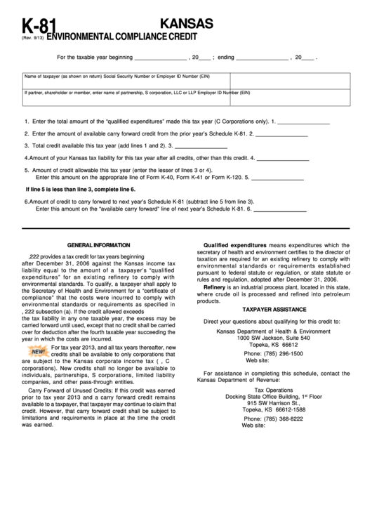Fillable Schedule K-81 - Environmental Compliance Credit Printable pdf