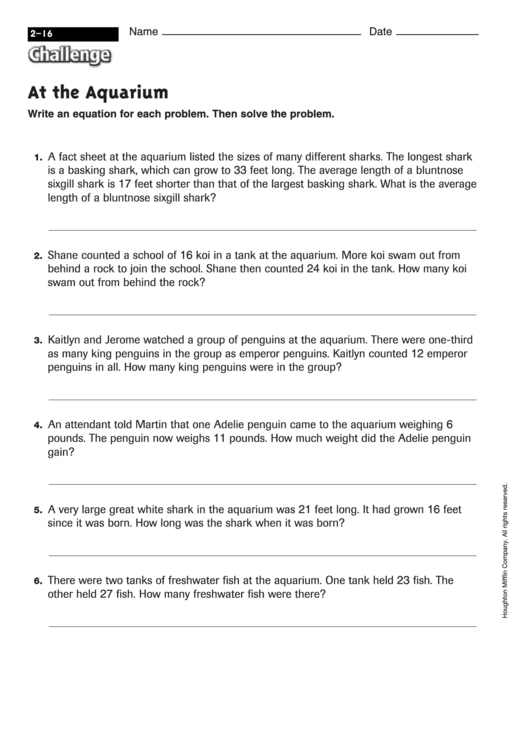 At The Aquarium - Math Worksheet With Answers Printable pdf