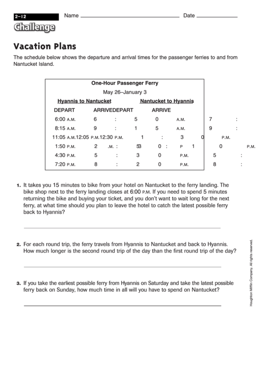 Vacation Plans - Math Worksheet With Answers Printable pdf