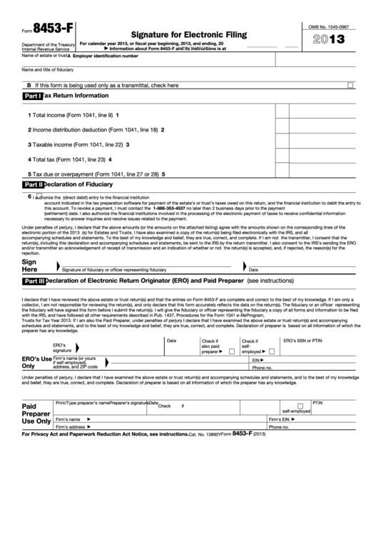 Fillable Form 8453-F - U.s. Estate Or Trust Income Tax Declaration And Signature For Electronic Filing - 2013 Printable pdf