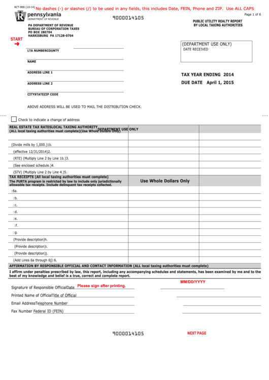 Fillable Form Rct-900 - Public Utility Realty Report By Local Taxing Authorities Printable pdf