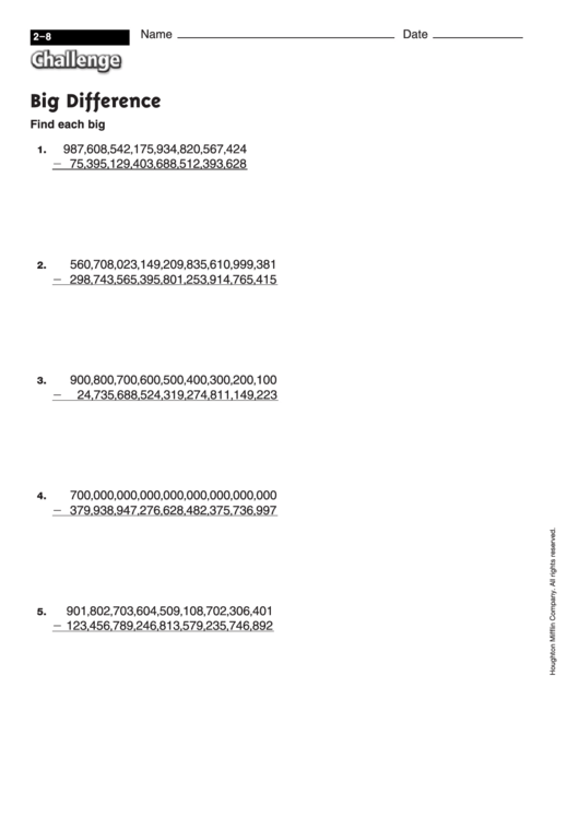 Big Difference - Math Worksheet With Answers Printable pdf