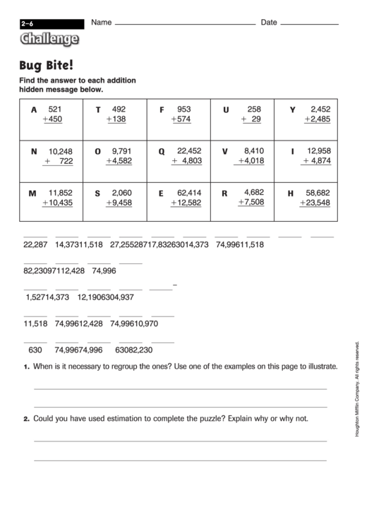 Bug Bite! - Addition Worksheet With Answers