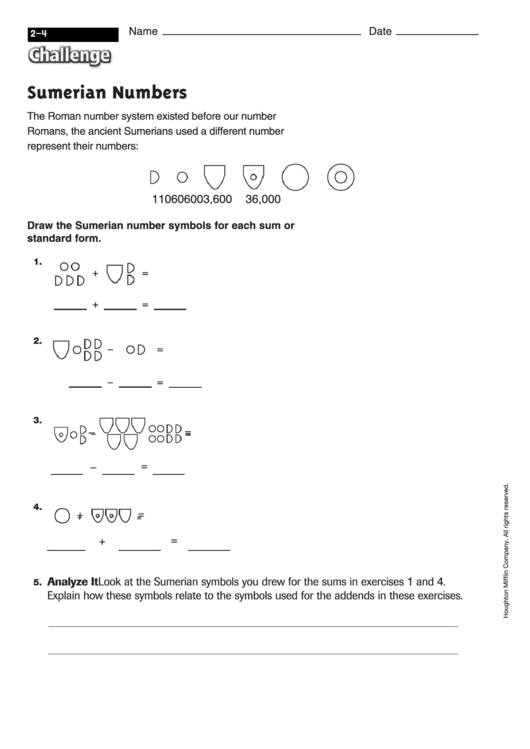 Sumerian Numbers - Math Worksheet With Answers Printable pdf