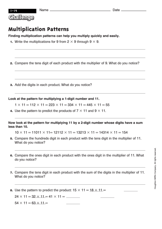 Multiplication Patterns - Multiplication Worksheet With Answers Printable pdf