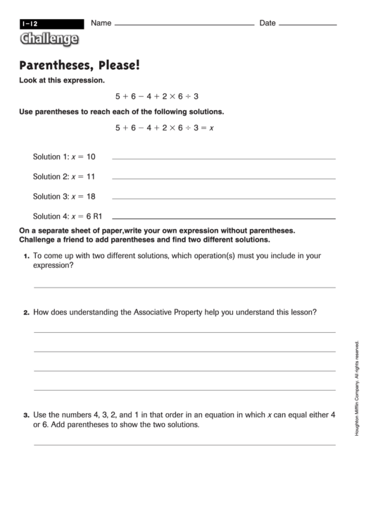 Parentheses, Please! - Math Worksheet With Answers Printable pdf