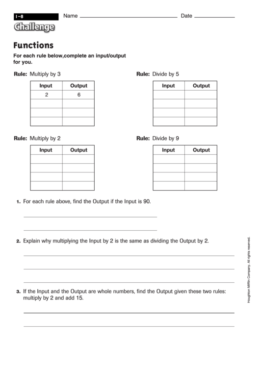 Functions - Function Worksheet With Answers