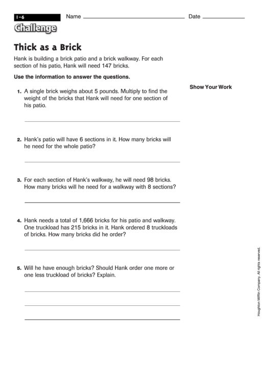 Thick As A Brick - Math Worksheet With Answers Printable pdf