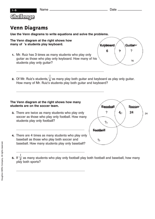 Venn Diagrams - Math Worksheet With Answers Printable pdf