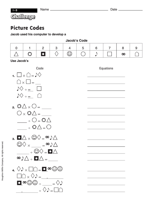 Picture Codes - Math Worksheet With Answers Printable pdf