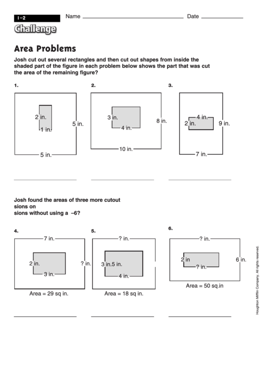 Area Problems - Area Worksheet With Answers Printable pdf