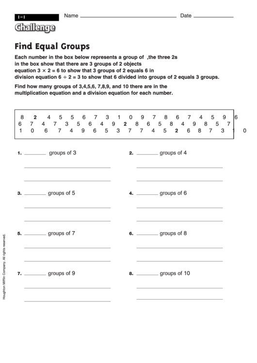 Find Equal Groups - Math Worksheet With Answers Printable pdf