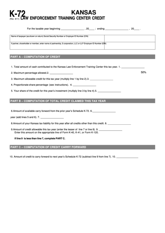 Fillable Schedule K-72 - Law Enforcement Training Center Credit Printable pdf