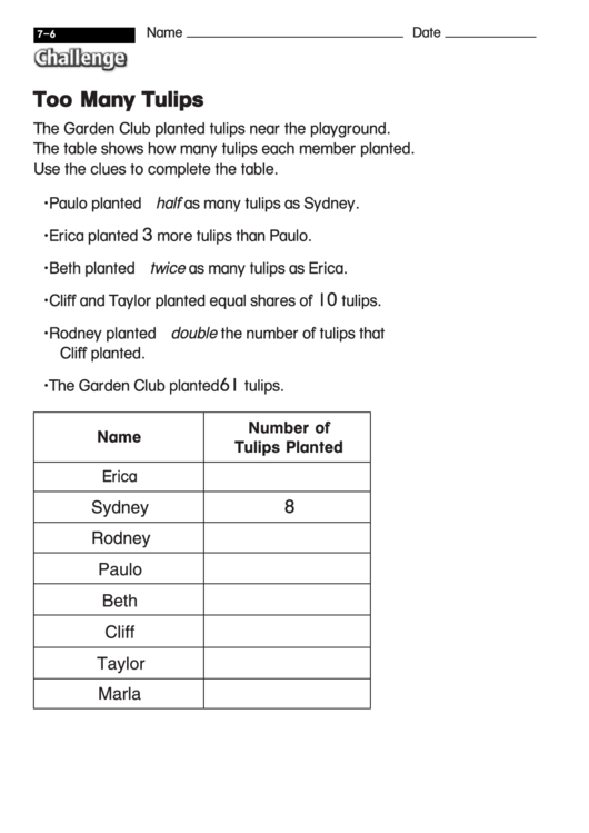 Too Many Tulips - Math Worksheet With Answers Printable pdf