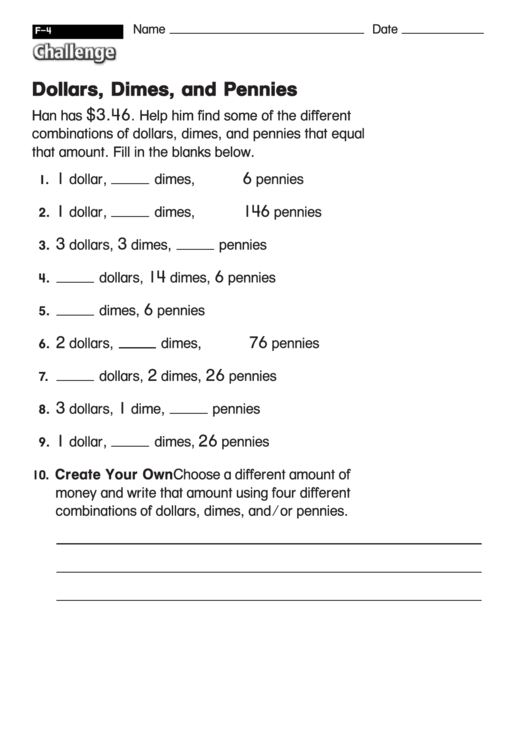 Dollars, Dimes, And Pennies - Math Worksheet With Answers Printable pdf