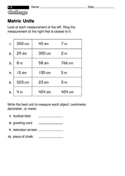 Metric Units - Measurement Worksheet With Answers Printable pdf