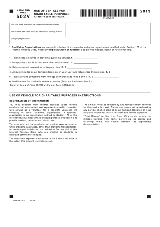 Fillable Maryland Form 502v - Use Of Vehicle For Charitable Purposes - 2013 Printable pdf
