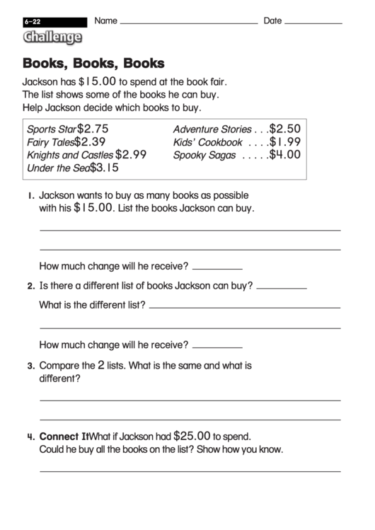 Books, Books, Books - Math Worksheet With Answers Printable pdf