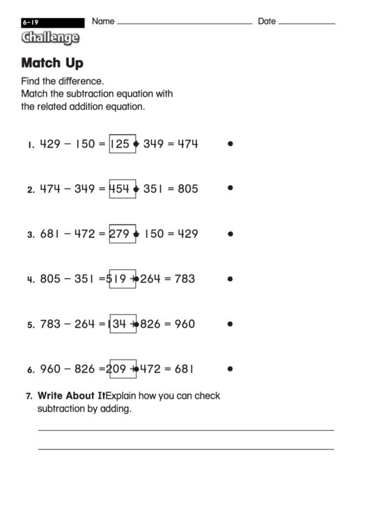 Match Up - Math Worksheet With Answers Printable pdf