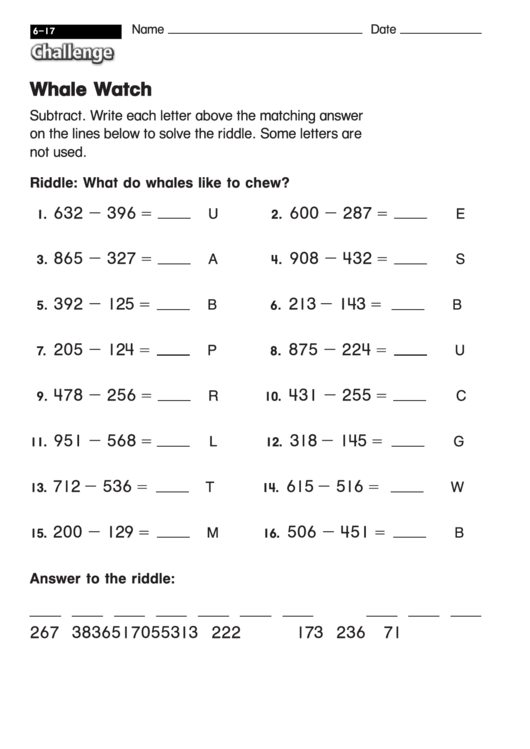 Whale Watch - Subtraction Worksheet With Answers Printable pdf