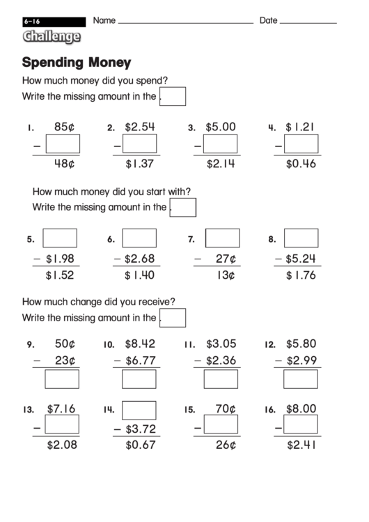 Spending Money- Subtraction Worksheet With Answers Printable pdf