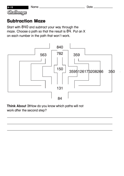 Subtraction Maze - Subtraction Worksheet With Answers Printable pdf