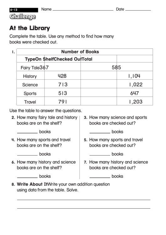 At The Library - Math Worksheet With Answers Printable pdf
