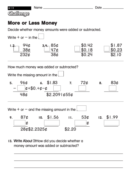 More Or Less Money - Math Worksheet With Answers Printable pdf