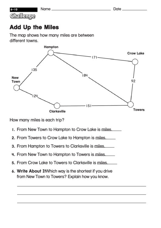 Add Up The Miles - Math Worksheet With Answers Printable pdf