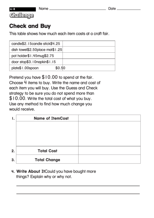 Check And Buy - Math Worksheet With Answers Printable pdf