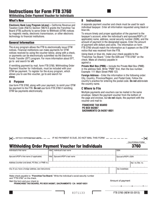 Fillable California Form 3760 - Withholding Order Payment Voucher For Individuals Printable pdf