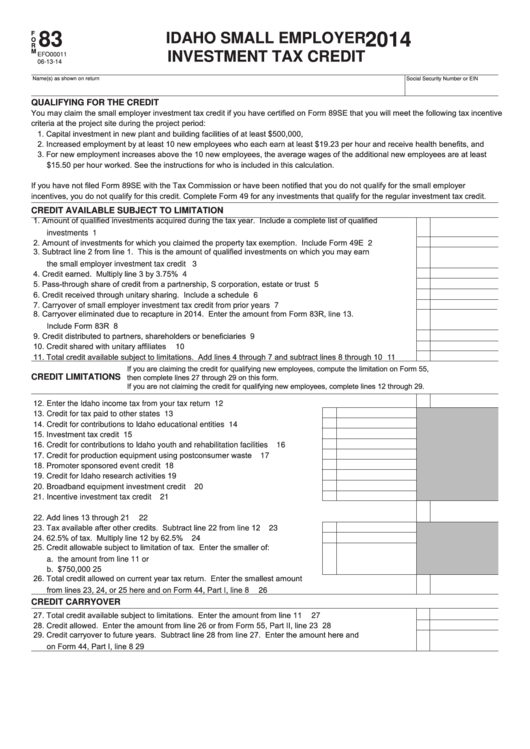 Fillable Form 83 - Idaho Small Employer Investment Tax Credit - 2014 Printable pdf