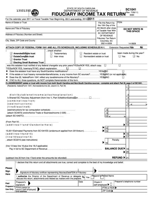 Form Sc1041 - Fiduciary Income Tax Return - 2011 Printable pdf