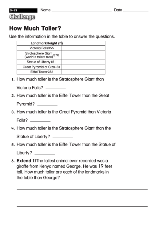 How Much Taller - Measurement Worksheet With Answers Printable pdf