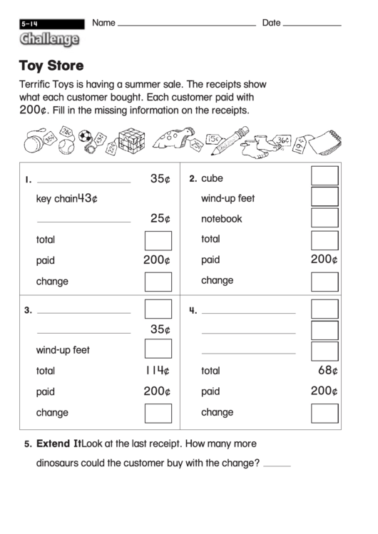 Toy Store - Math Worksheet With Answers Printable pdf