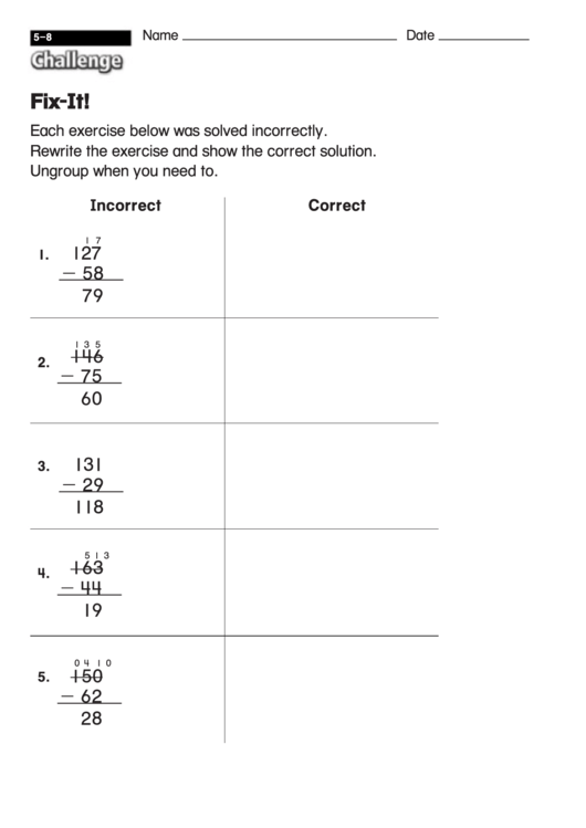 Fix-It! - Subtraction Worksheet With Answers Printable pdf
