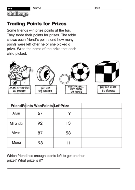 Trading Points For Prizes - Math Worksheet With Answers Printable pdf