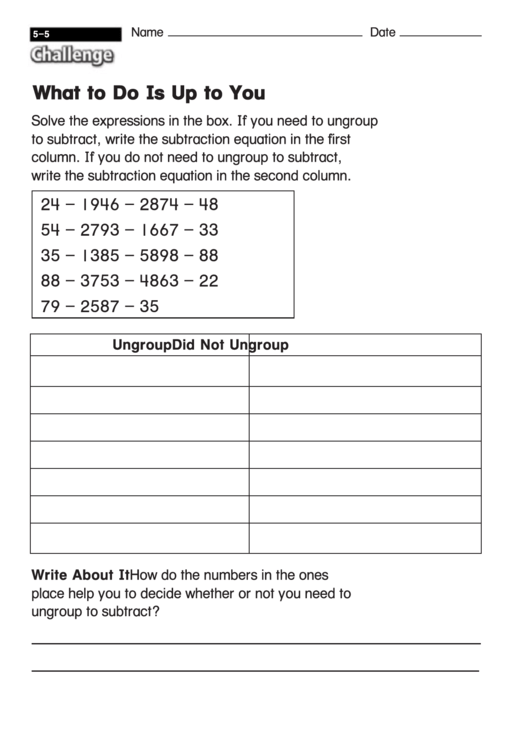 What To Do Is Up To You - Subtraction Worksheet With Answers Printable pdf