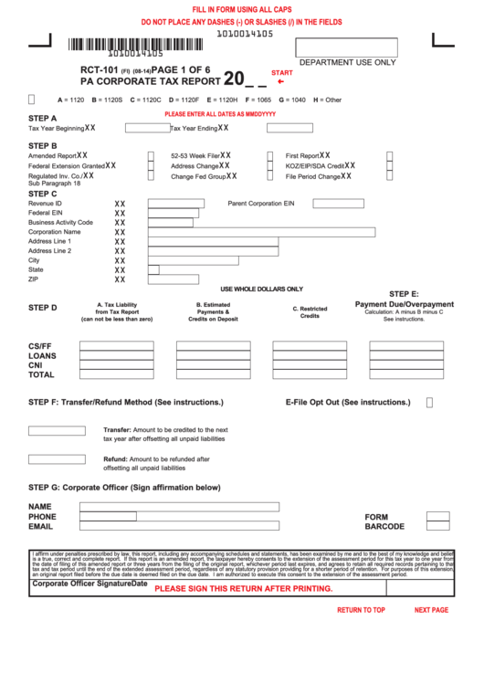 Form Rct-101 - Pa Corporate Tax Report