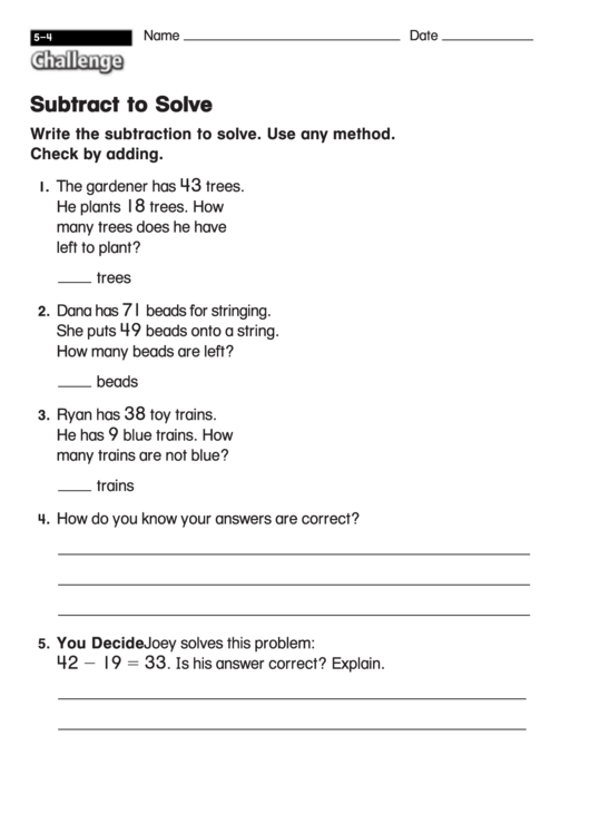 Subtract To Solve - Subtraction Worksheet With Answers Printable pdf