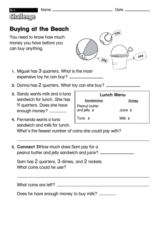 Buying At The Beach - Math Worksheet With Answers Printable pdf