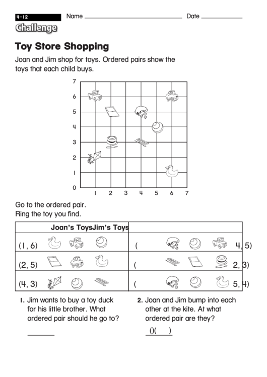 Toy Store Shopping - Coordinate Worksheet With Answers Printable pdf