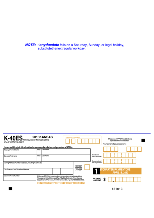 Form K-40es - Individual Estimated Income Tax Voucher - 2013 Printable pdf