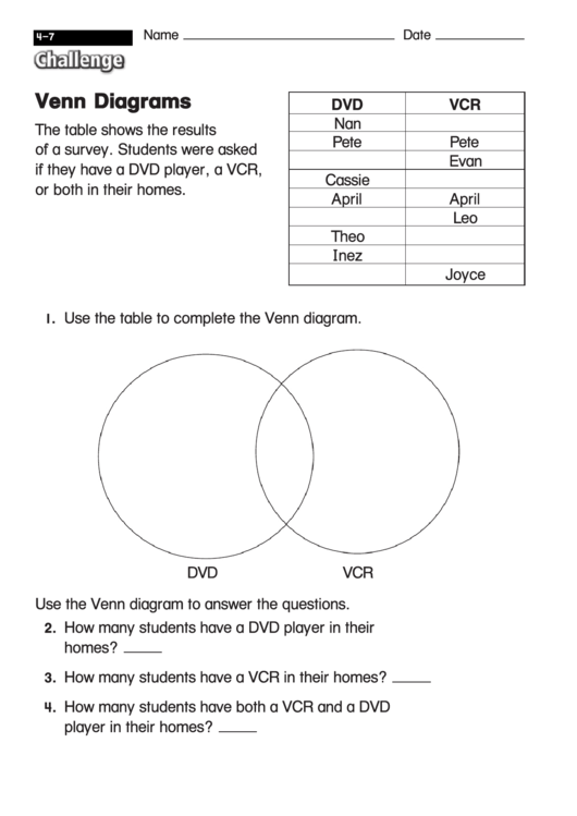 Venn Diagrams - Diagram Worksheet With Answers Printable pdf