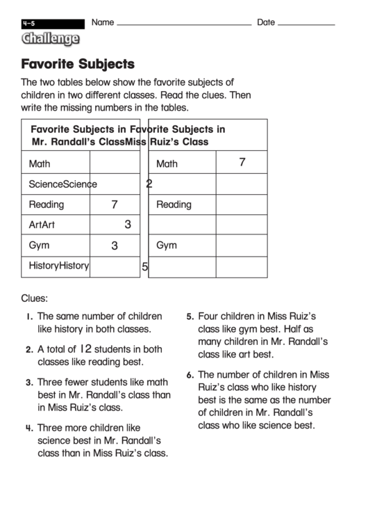 Favorite Subjects - Math Worksheet With Answers Printable pdf